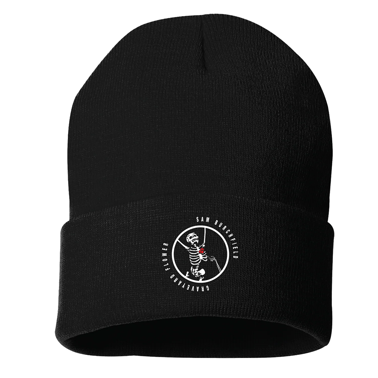 Black beanie with a white logo on a white background