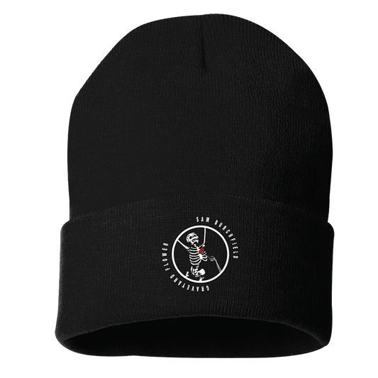 Black beanie with a white logo on a white background